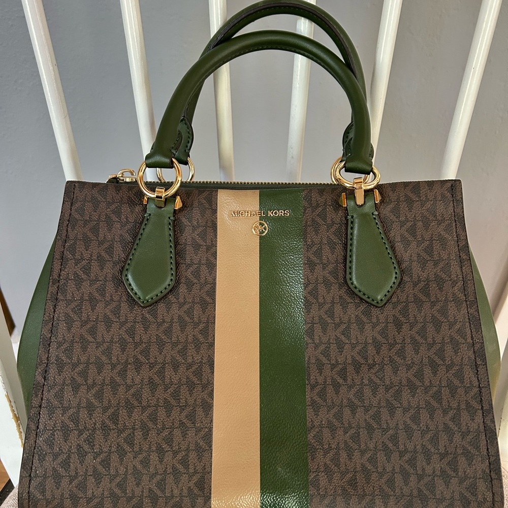 Michael Kors Green and Brown Tote with Gold Accents